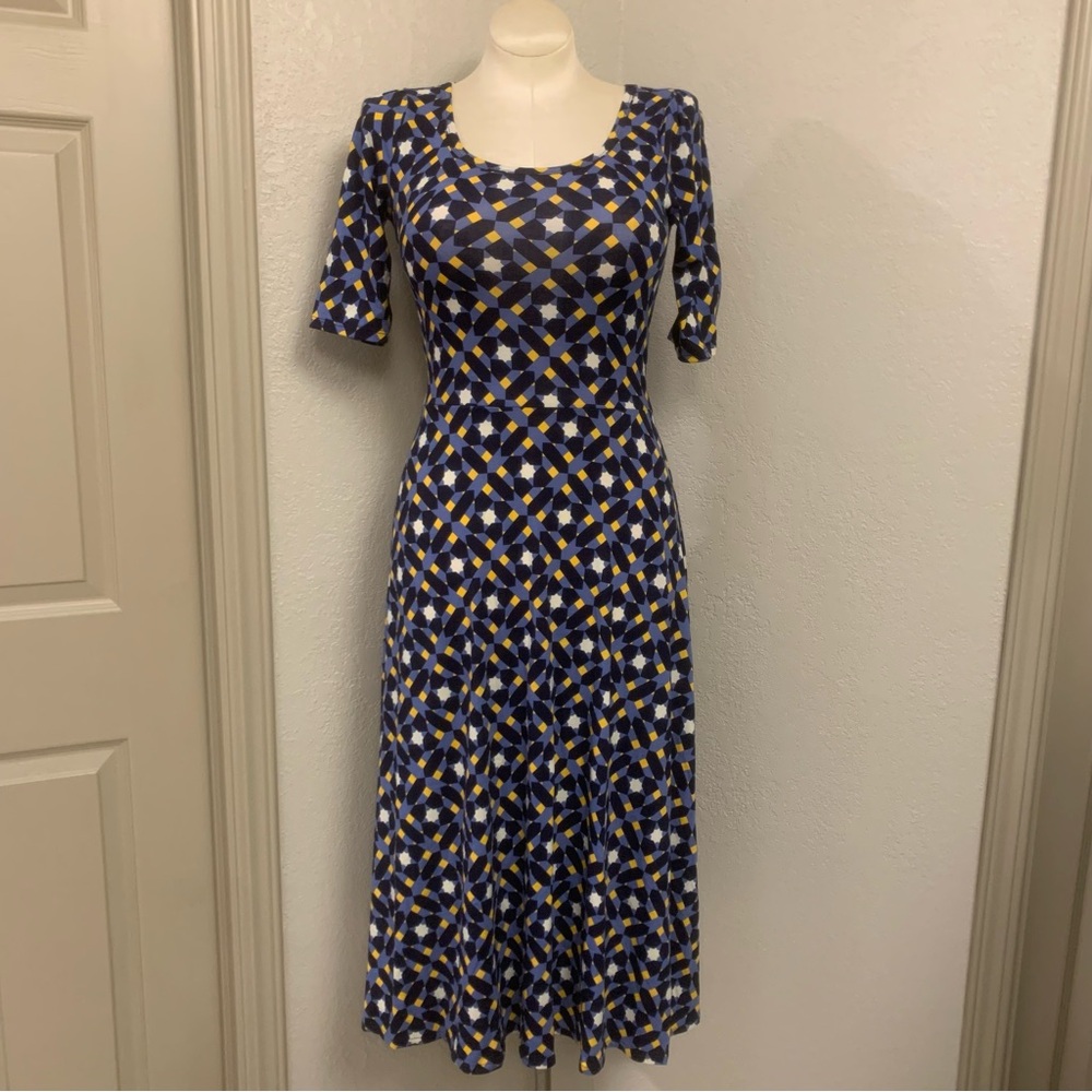 LuLaRoe S Nicole Blue & Yellow Fit & Flare Midi Dress A-line Modest Graphic